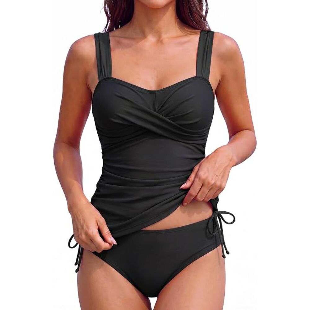 Black Tankini Swimsuit Twist Front High Waisted Tummy Coverage Two Piece